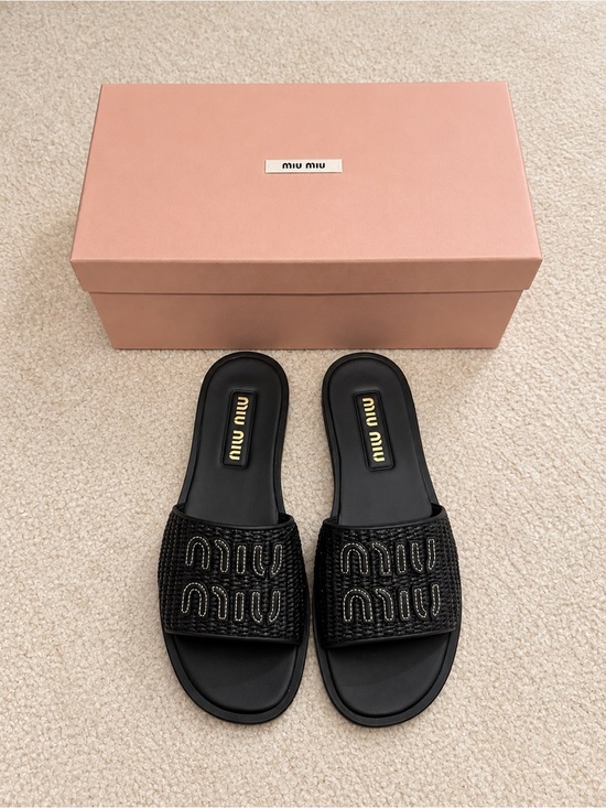 Miu Miu Shoes - Miu Miu Black Raffia Woven Logo Slide Sandals EU 38.5